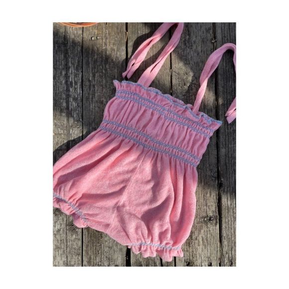 70s Pink Terrycloth Bubble Romper Blue Smocked Trim Tie Straps 12-24M - Picture 3 of 5